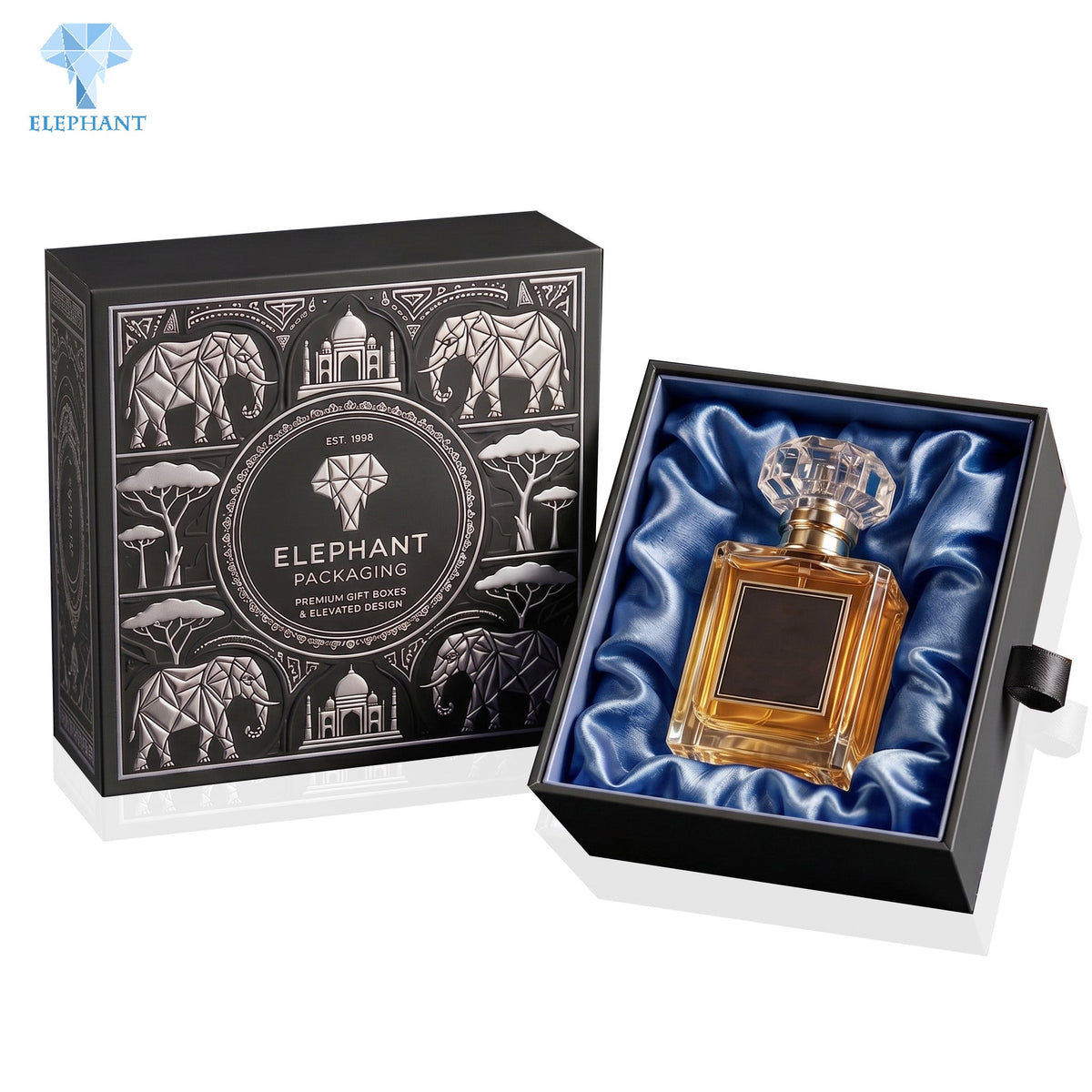 Custom Gift Packaging Box Luxury Rigid Perfume Essential Oil Box Black Art Paper Matte Lamination Velvet Lining Recyclable