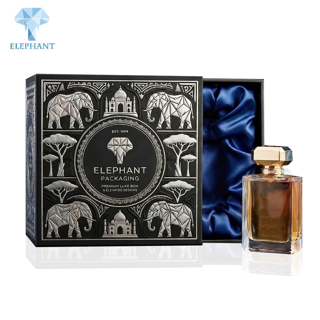 Custom Gift Packaging Box Luxury Rigid Perfume Essential Oil Box Black Art Paper Matte Lamination Velvet Lining Recyclable