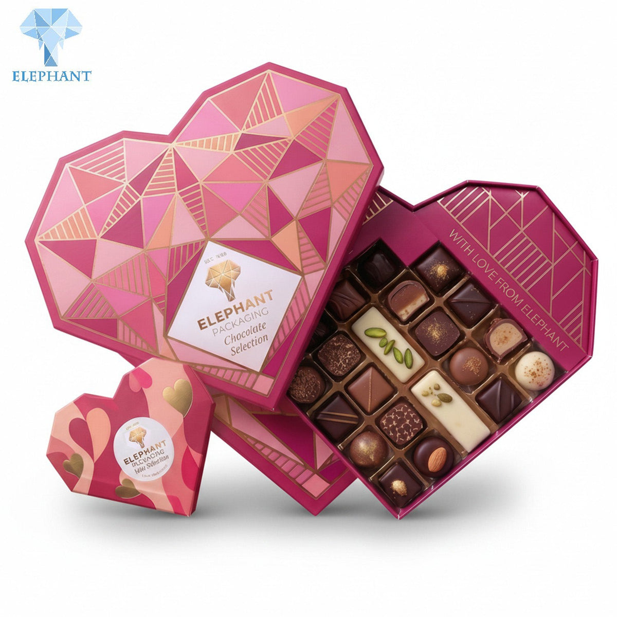 Luxury Pink Heart Shaped Chocolate Box Gold Foil Stamping Matte Lamination Art Paper Candy Cookie Packaging Recycled