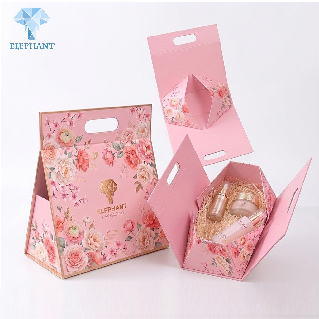 Rigid Gift Box Premium Paper Packaging Set Coated Art Cardboard Pink Floral Embossed Custom Logo Eco Friendly Manufacturer