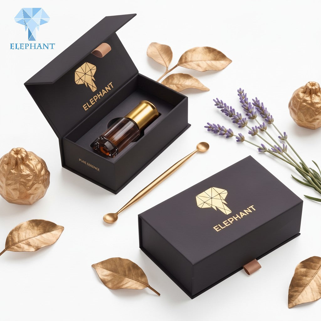 Luxury Gift Packaging Box Matte Lamination Spot UV Essential Oil Box Black Cardboard Rigid Paper Manufacturer Recyclable