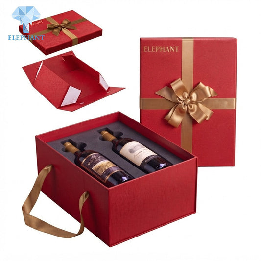 Premium Rigid Gift Packaging Box Red Wine Bottle Gift Box Velvet Lining Gold Foil Stamping Recycled Sustainable Display