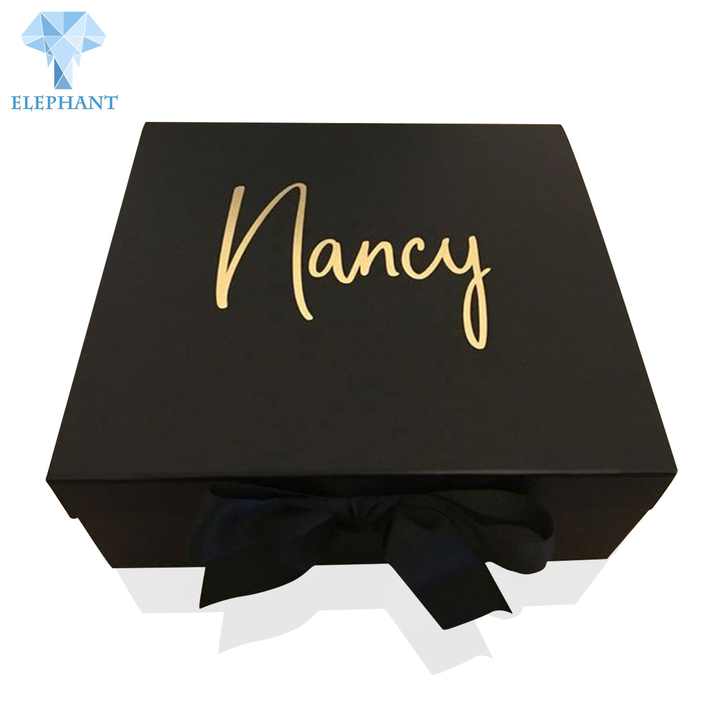 Custom Logo Big Small Folding Black Luxury Wedding With Ribbon Paper Gift Box Packaging