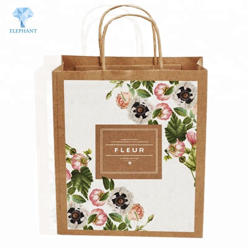 Custom design full color printed kraft paper gift packing flower paper bag