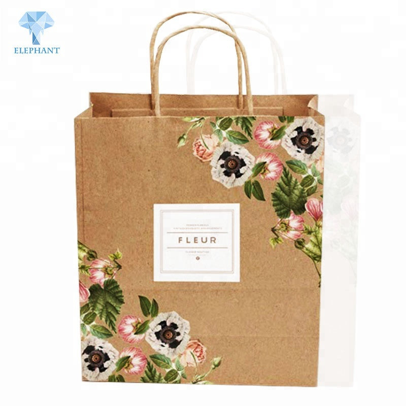 Custom design full color printed kraft paper gift packing flower paper bag