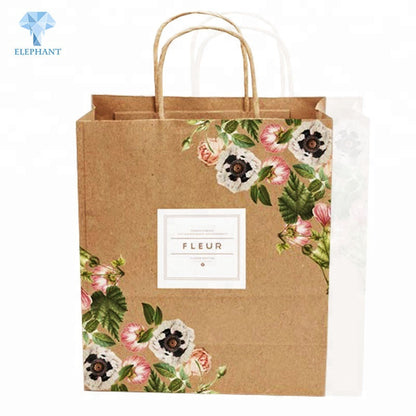 Custom design full color printed kraft paper gift packing flower paper bag