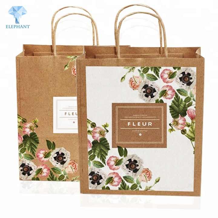 Custom design full color printed kraft paper gift packing flower paper bag