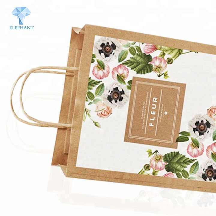 Custom design full color printed kraft paper gift packing flower paper bag