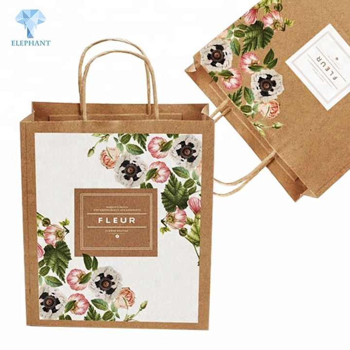 Custom design full color printed kraft paper gift packing flower paper bag