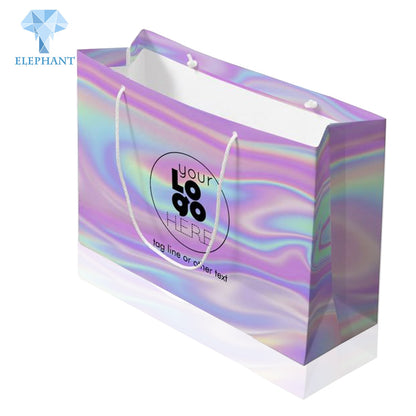Custom Print Logo Recycled Glossy Holographic Pink Purple Shopping Paper Hand Bag