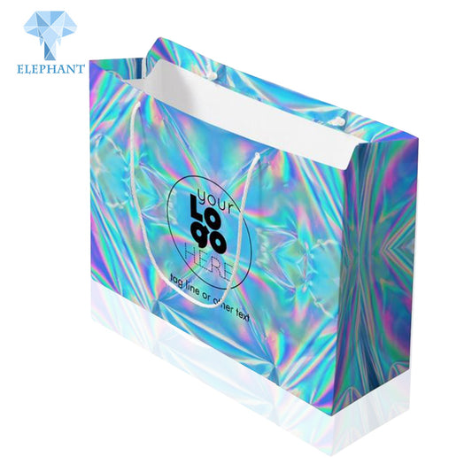 Custom Print Logo Recycled Glossy Holographic Pink Purple Shopping Paper Hand Bag