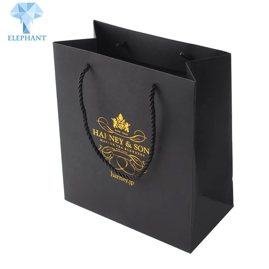 Custom Logo Gold Stamping Printed Luxury Flat Bottom Matte Black Kraft Shopping Gift Paper Bag