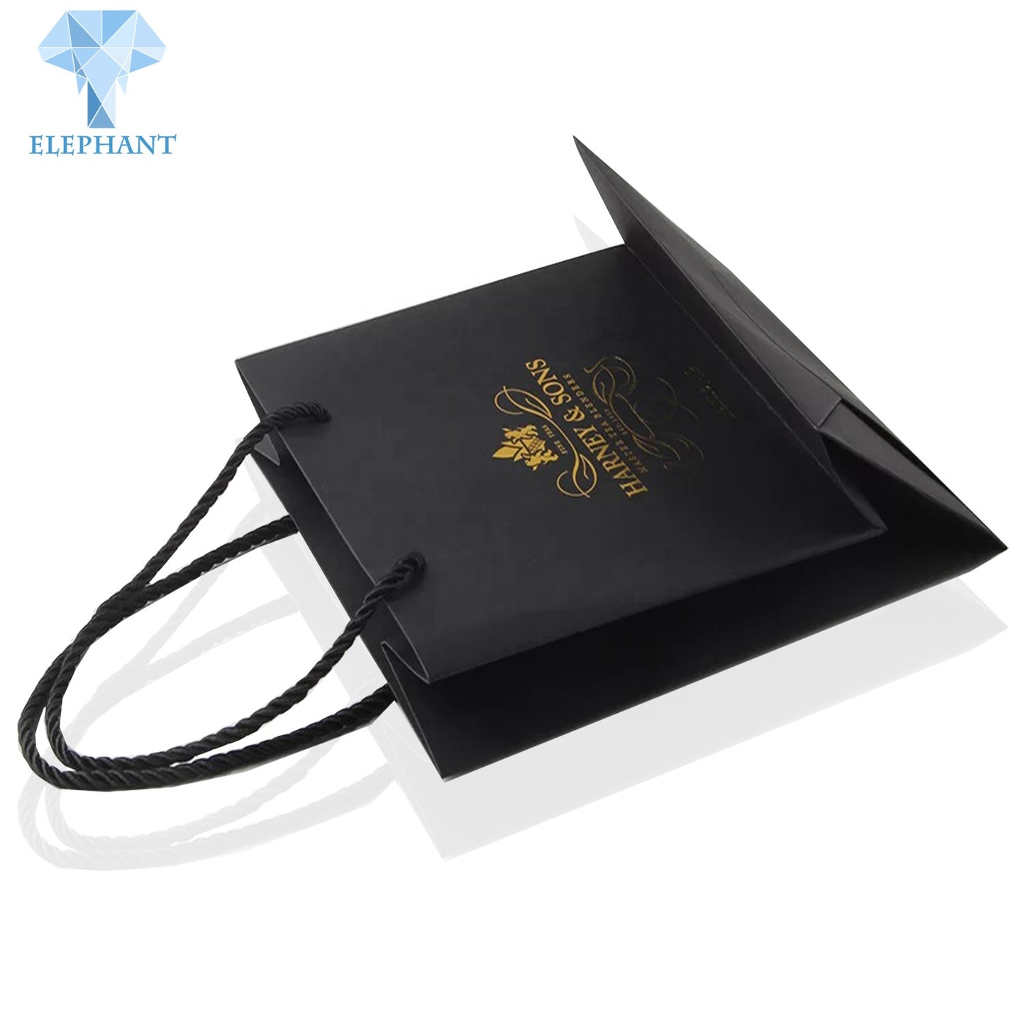 Custom Logo Gold Stamping Printed Luxury Flat Bottom Matte Black Kraft Shopping Gift Paper Bag