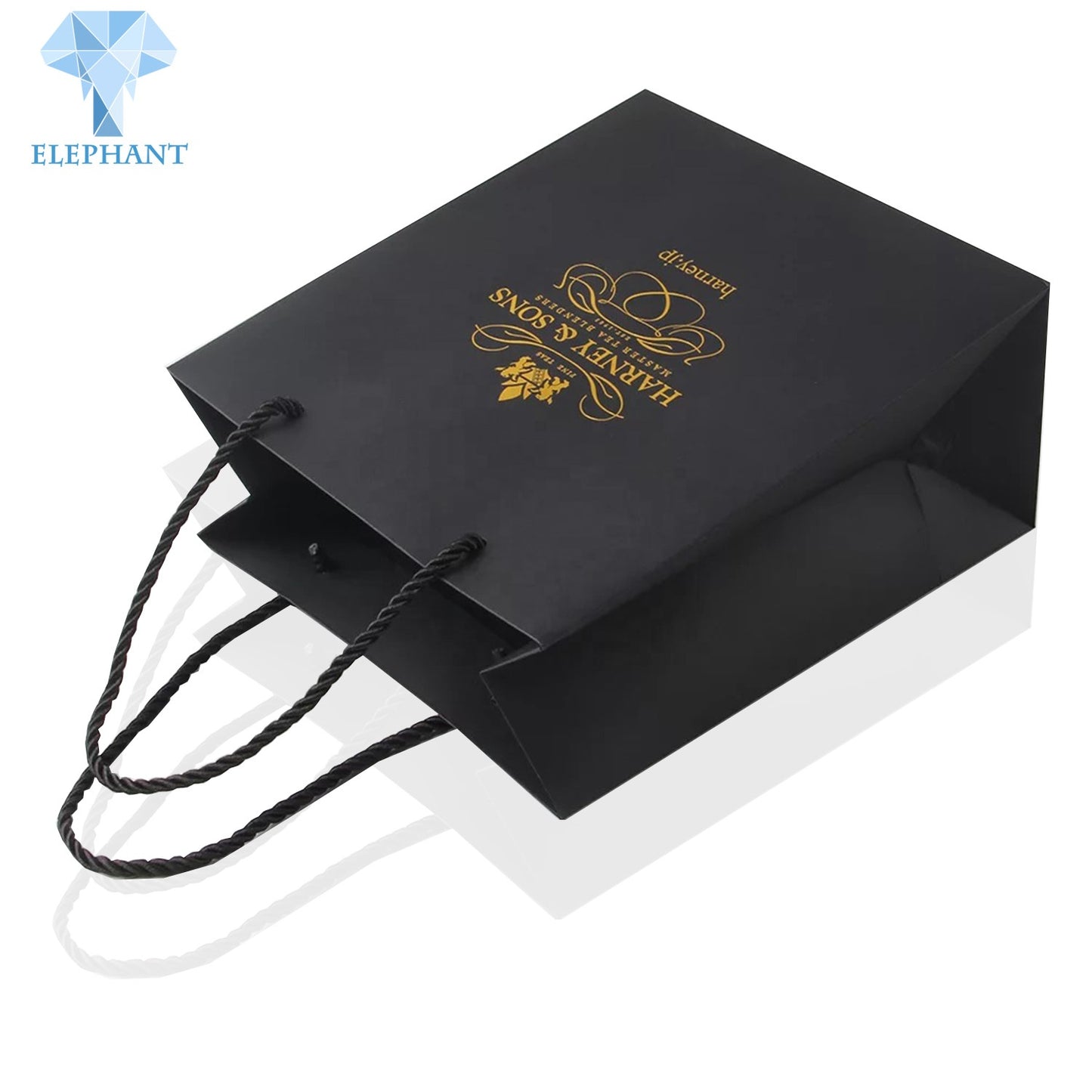 Custom Logo Gold Stamping Printed Luxury Flat Bottom Matte Black Kraft Shopping Gift Paper Bag