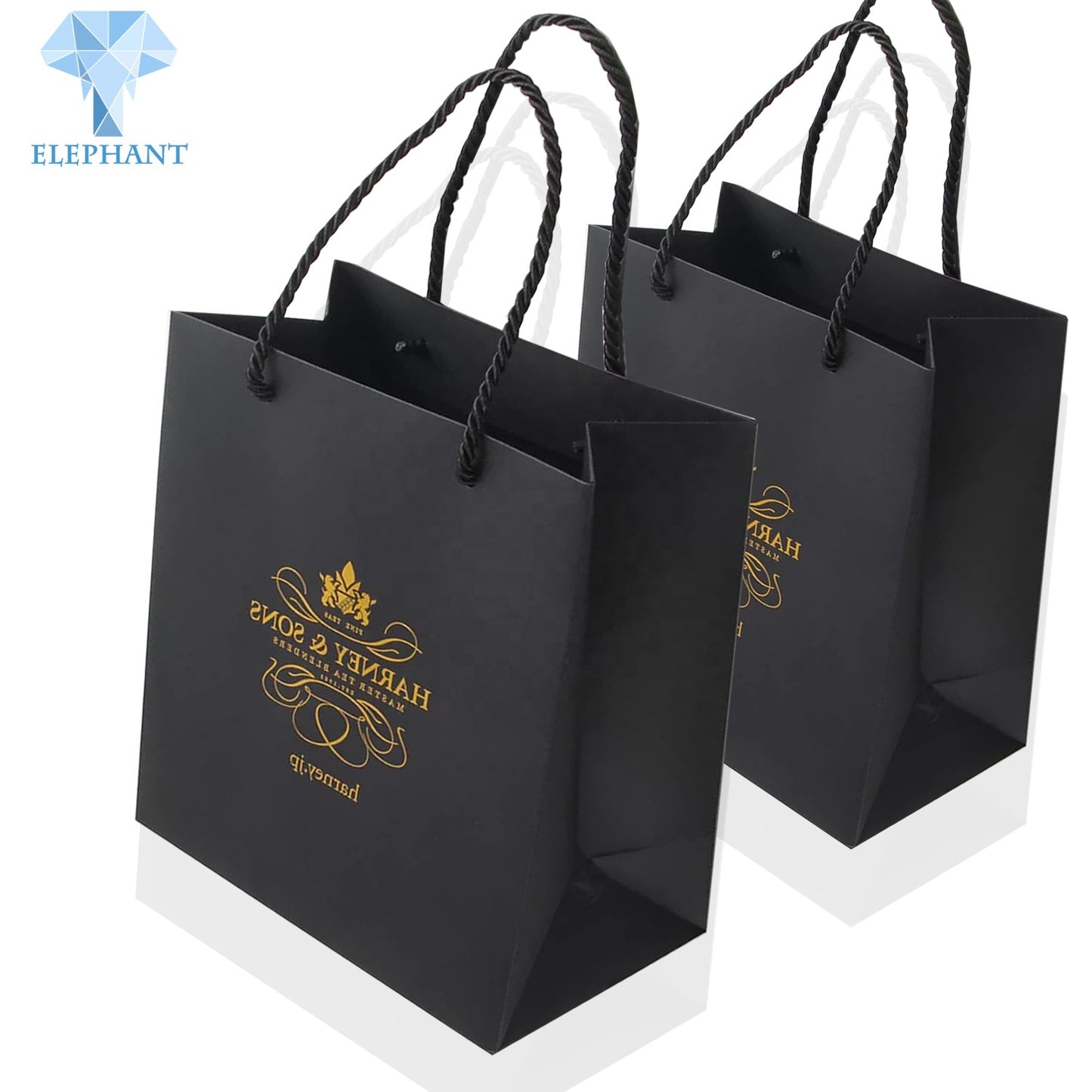 Custom Logo Gold Stamping Printed Luxury Flat Bottom Matte Black Kraft Shopping Gift Paper Bag